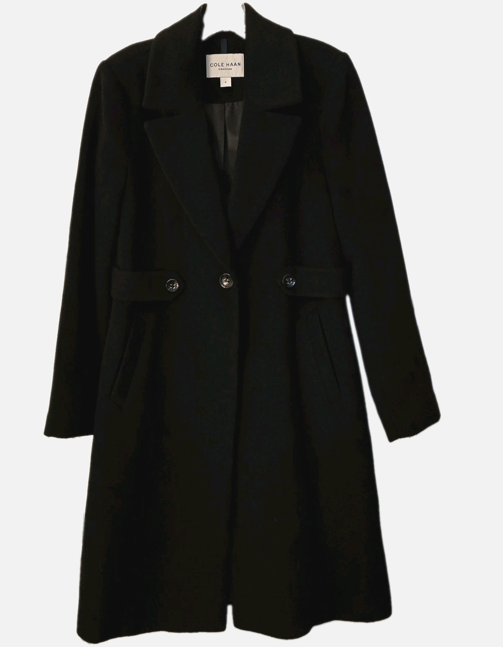 Cole Haan Women's Black Wool Mid Length Single Breasted Coat Size 6